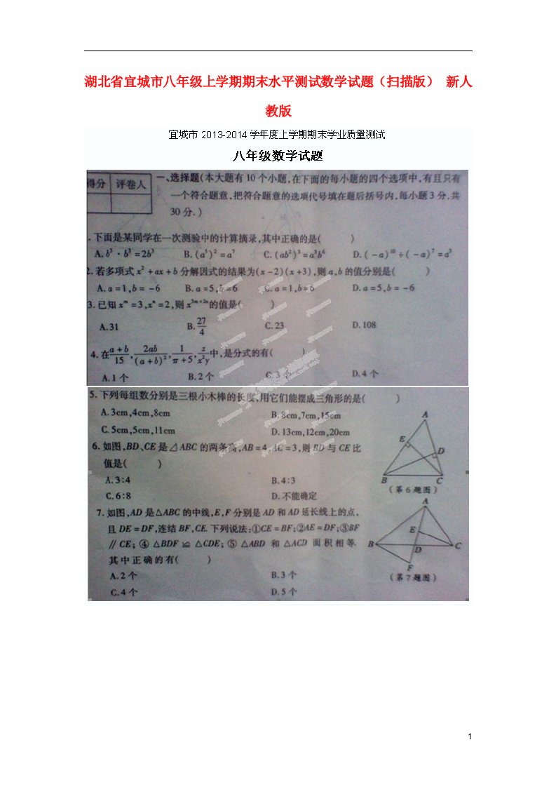 湖北省宜城市八级数学上学期期末水平测试试题（扫描版）