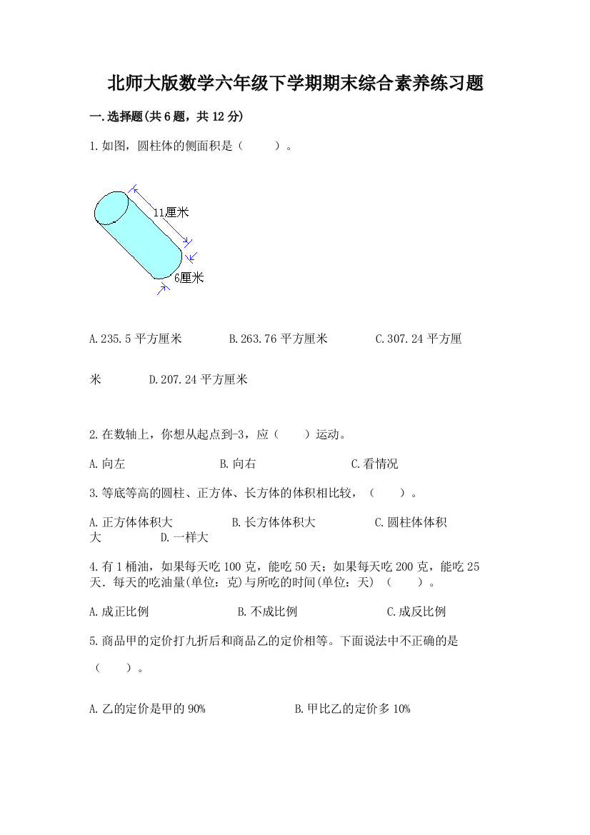 北师大版数学六年级下学期期末综合素养练习题(考点精练)