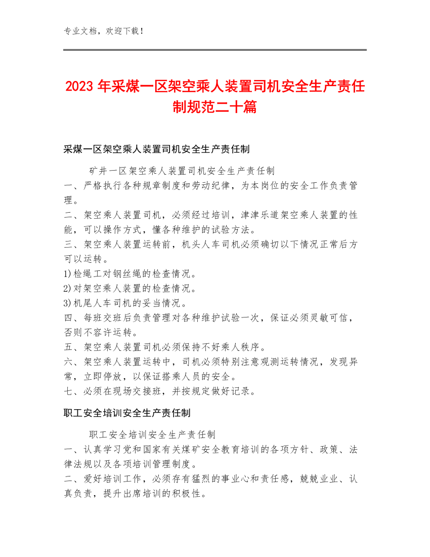 2023年采煤一区架空乘人装置司机安全生产责任制规范二十篇