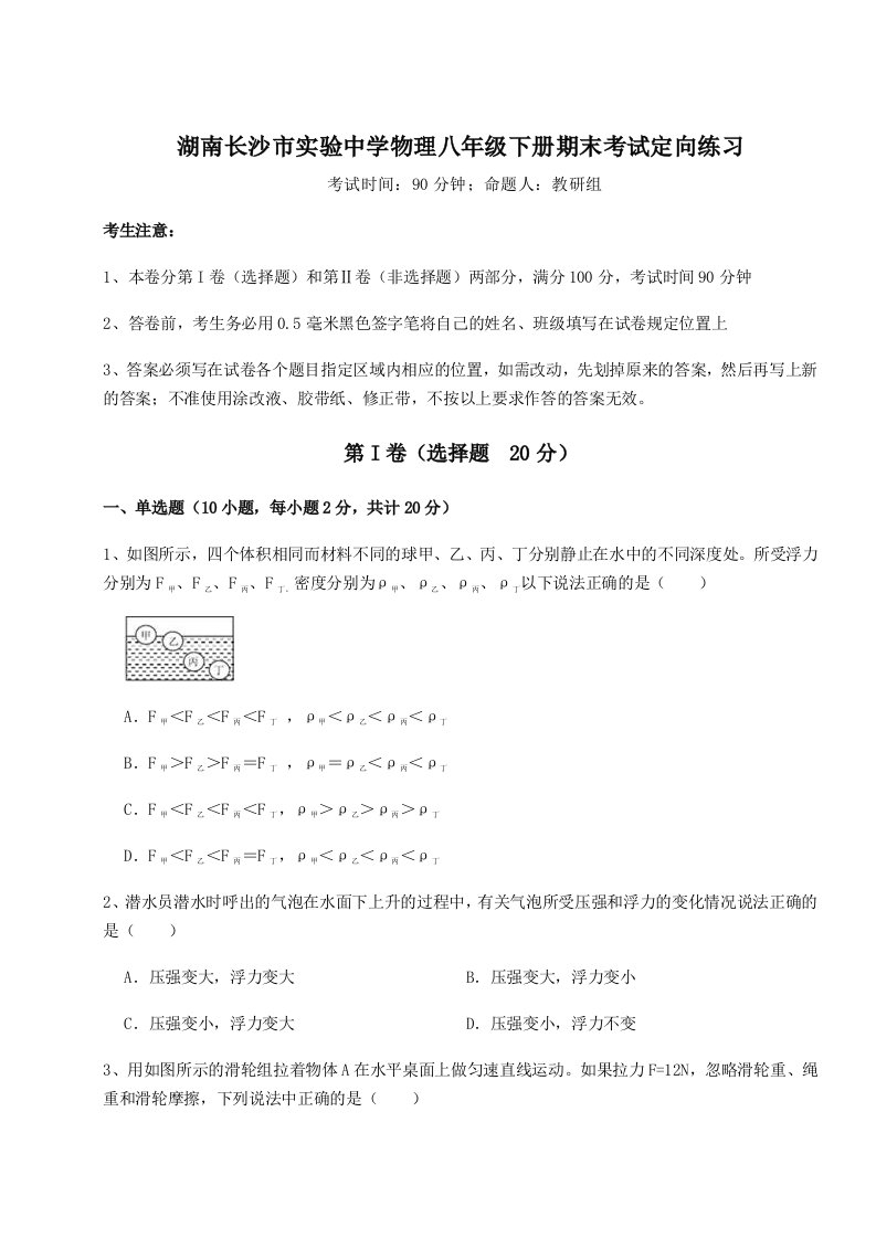 2023年湖南长沙市实验中学物理八年级下册期末考试定向练习试卷