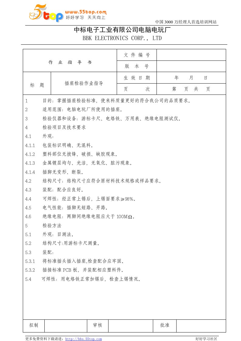 电脑电玩厂检验作业指导书-彩盒、纸箱、插座、充电器(件个文件)电子行业检验作业指导书(插座)0-作业指导