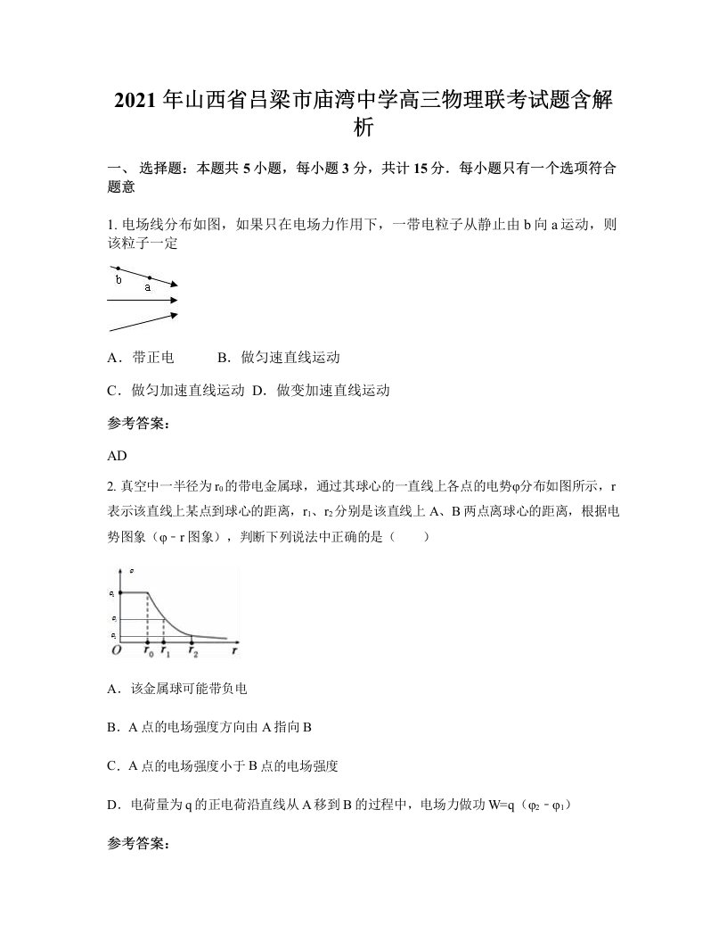 2021年山西省吕梁市庙湾中学高三物理联考试题含解析