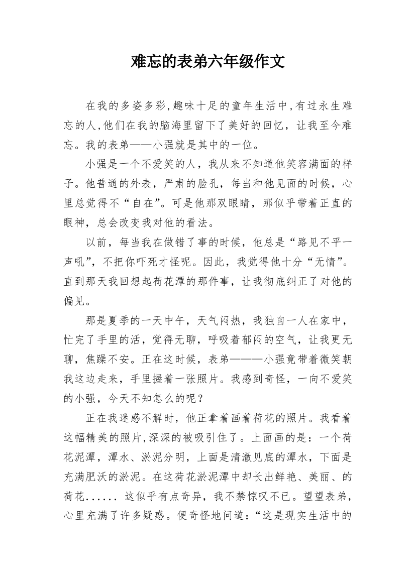 难忘的表弟六年级作文