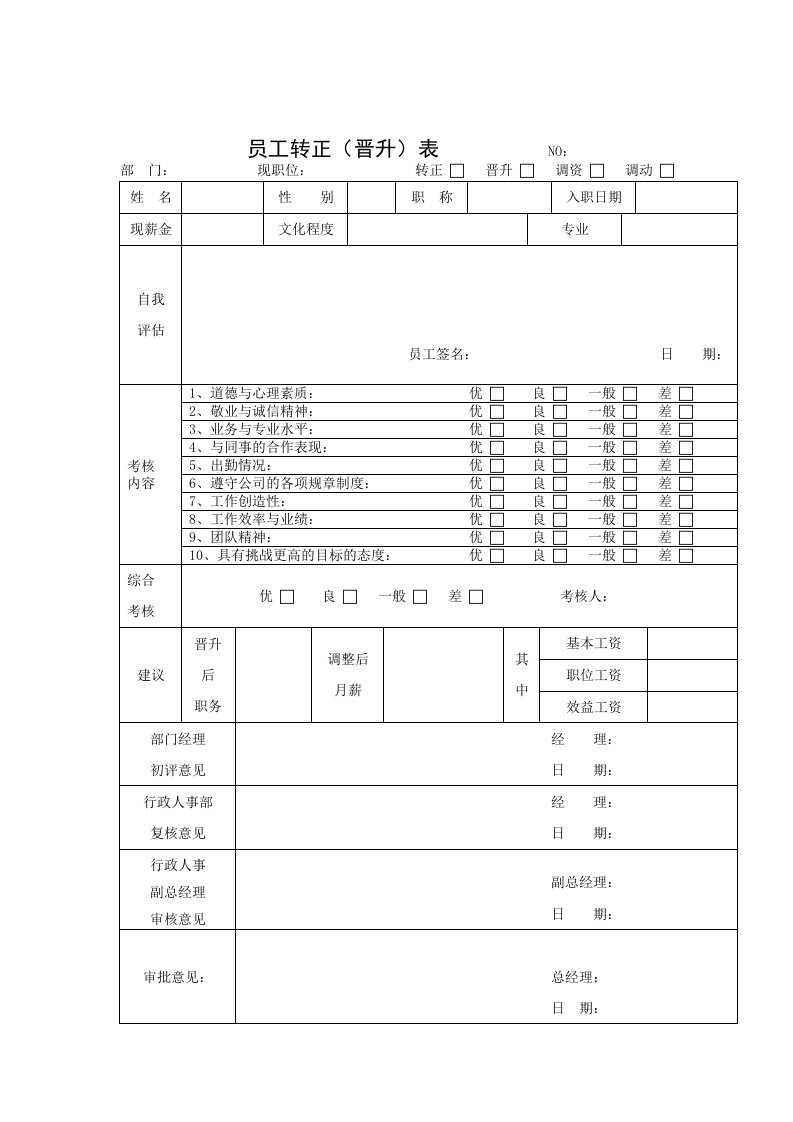 表格模板-员工转正晋升表