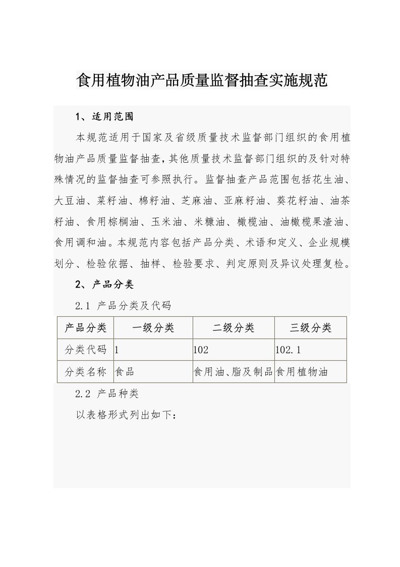 食用植物油产品质量监督抽查实施标准