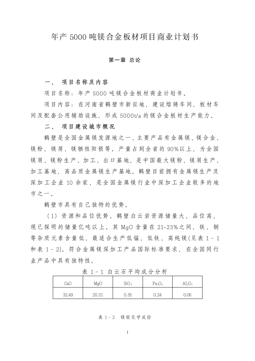 本科毕业设计--年产5000吨镁合金板材项目商业分析计划书