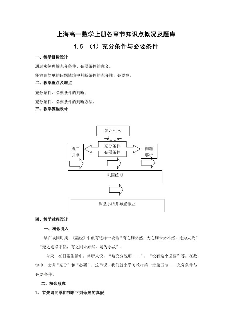 2016上海高一数学充分条件与必要条件知识点概况