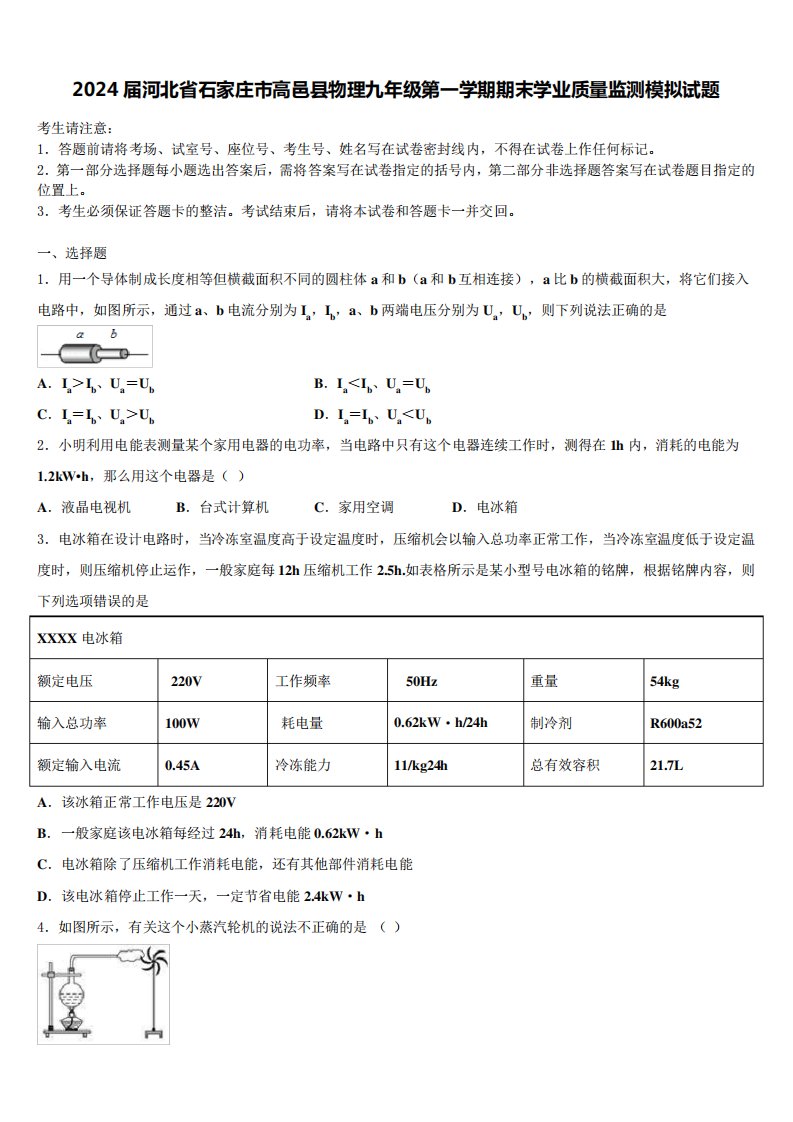 县物理九年级第一学期期末学业质量监测模拟试题含解析