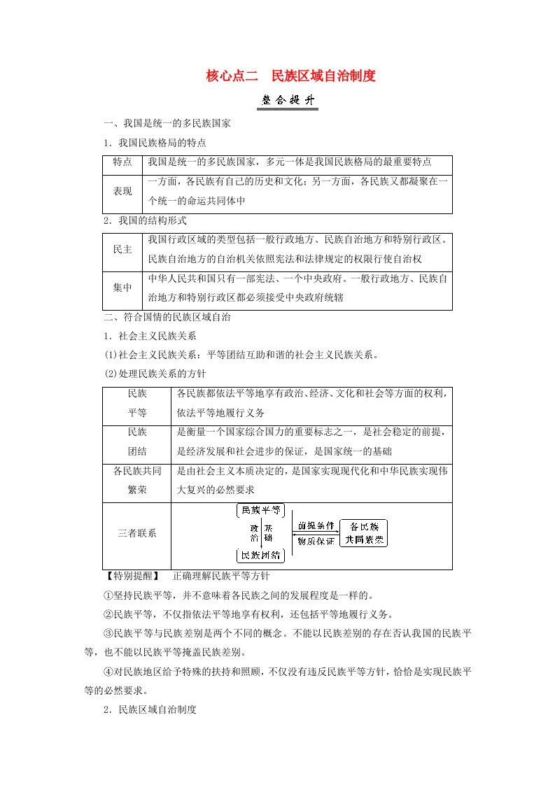 2025届高考政治一轮总复习核心突破必修3第二单元人民当家作主第六课我国的基本政治制度核心点二民族区域自治制度