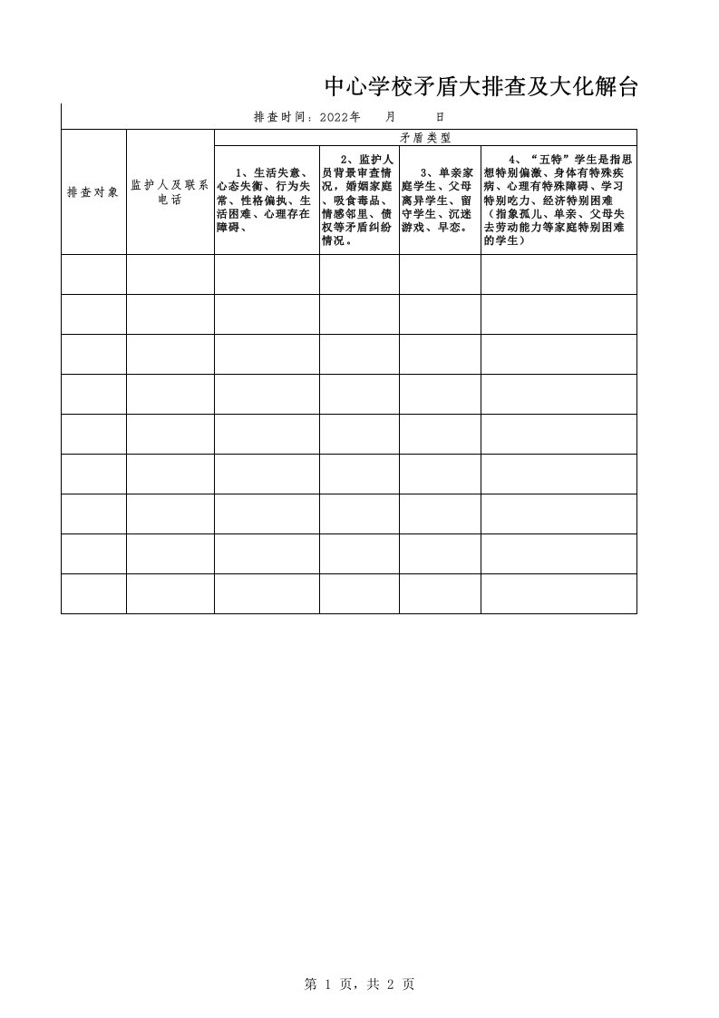 校园矛盾大排查及大化解师生台账