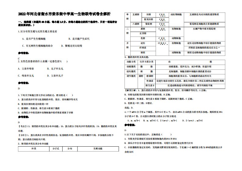 2022年河北省衡水市娄东街中学高一生物联考试卷含解析