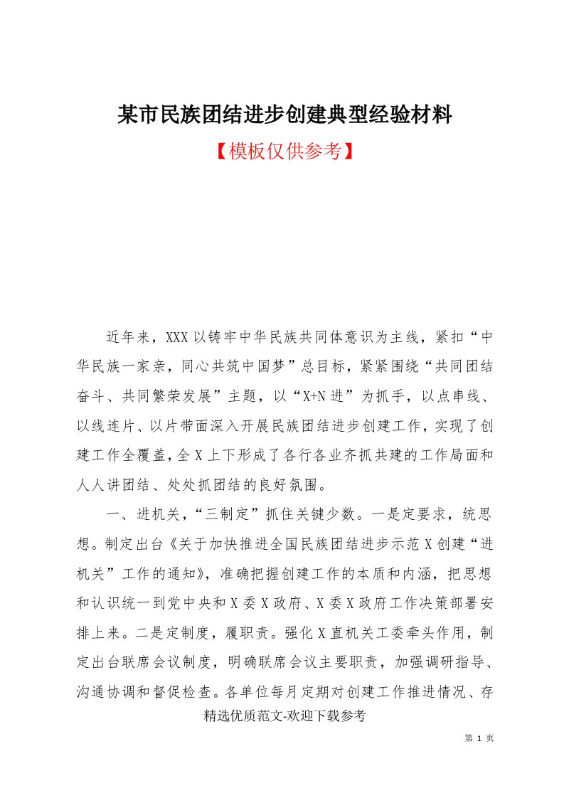 某市民族团结进步创建典型经验材料(共9页)