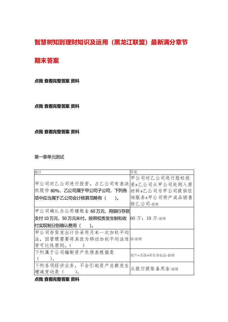 2022年智慧树知到理财知识及运用黑龙江联盟单元测试期末考试参考答案满分完整版资料课后作业题库