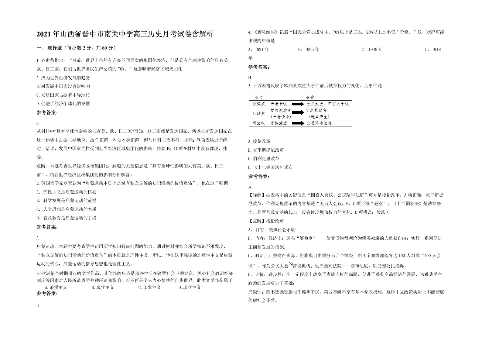 2021年山西省晋中市南关中学高三历史月考试卷含解析