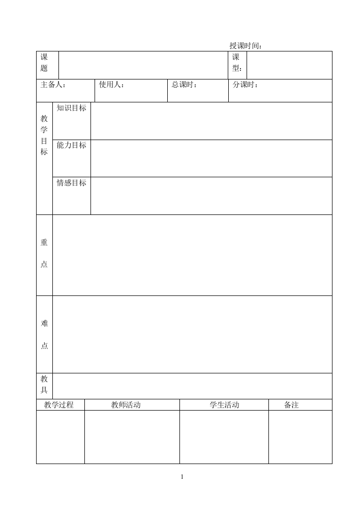 英语教学设计空白表格