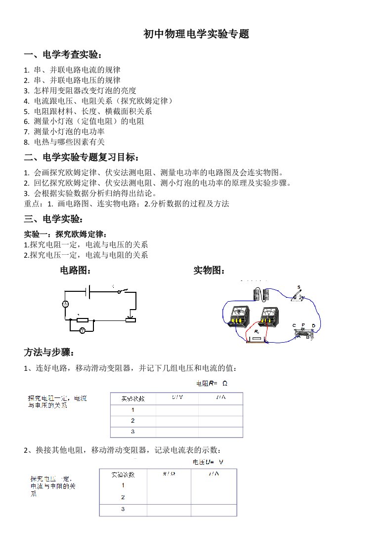 初中物理电学实验复习总结