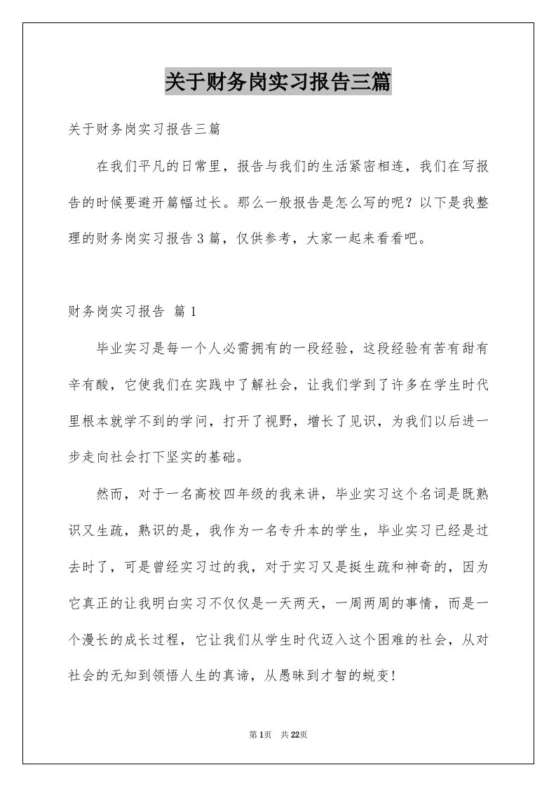 关于财务岗实习报告三篇例文