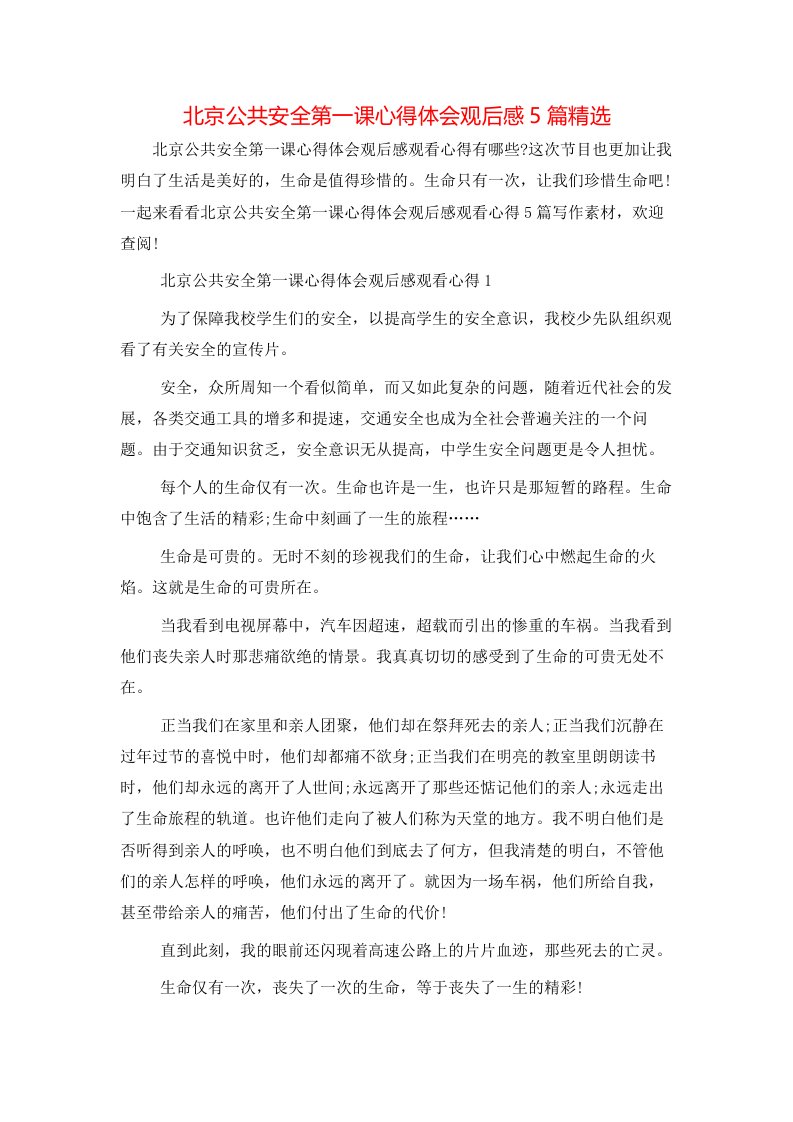 精选北京公共安全第一课心得体会观后感5篇精选