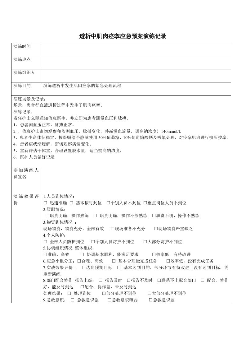 透析中肌肉痉挛紧急处理流程演练记录