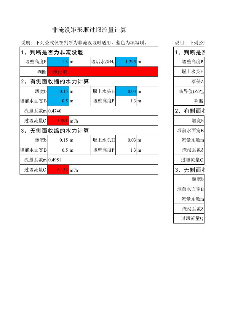 淹没和非淹没矩形堰水力计算