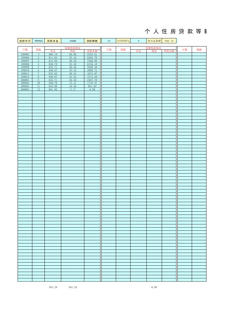 个人住房贷款等额本息还款计划表