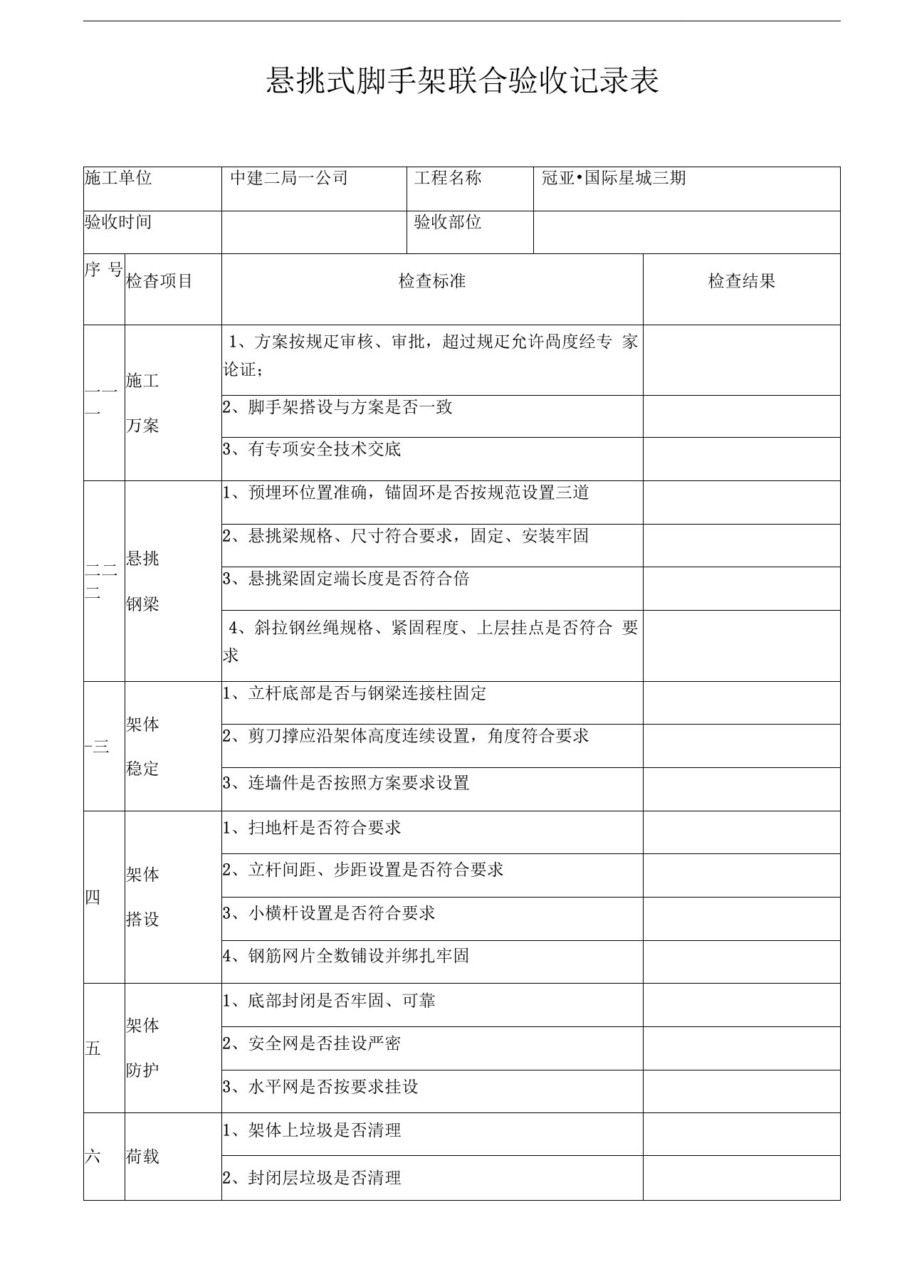 悬挑式脚手架联合验收记录表