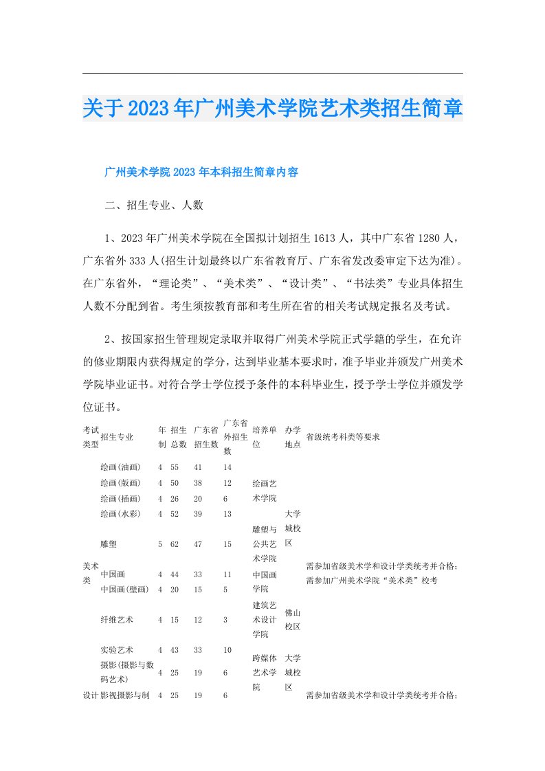 关于广州美术学院艺术类招生简章