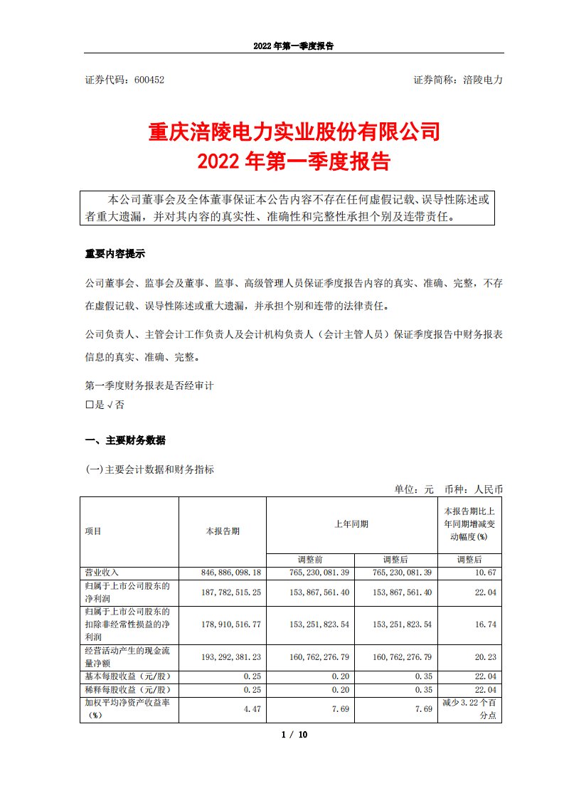 上交所-涪陵电力2022年第一季度报告-20220428