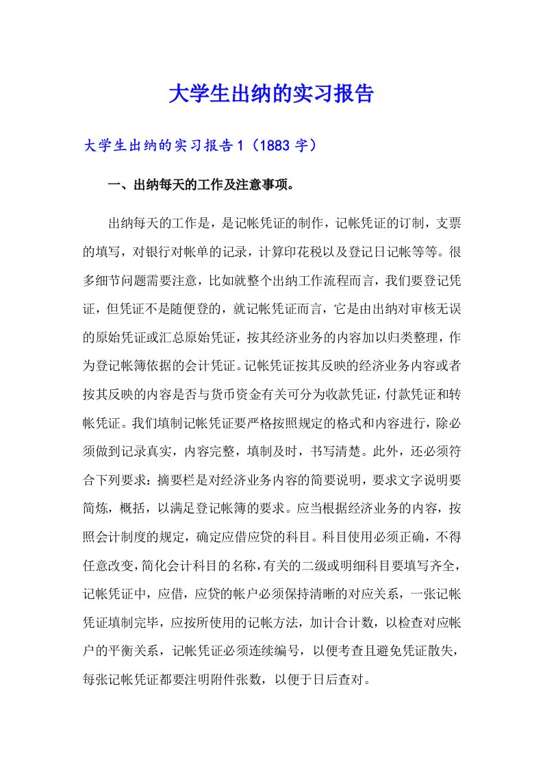 大学生出纳的实习报告