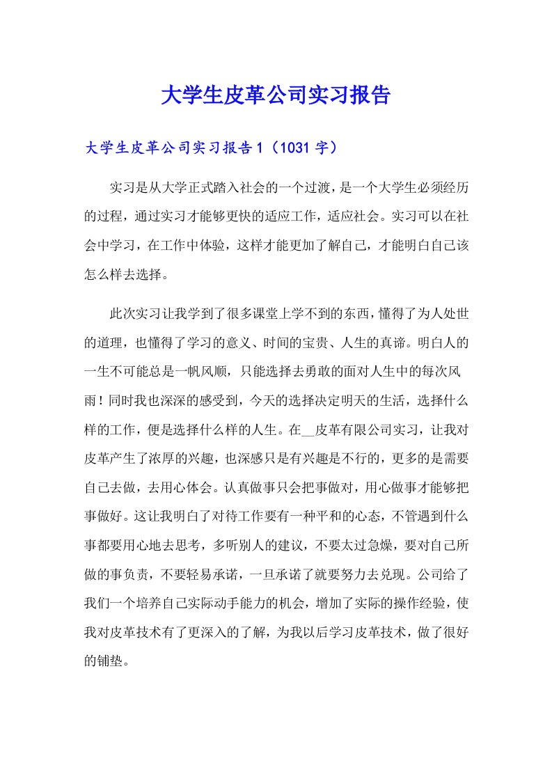 大学生皮革公司实习报告