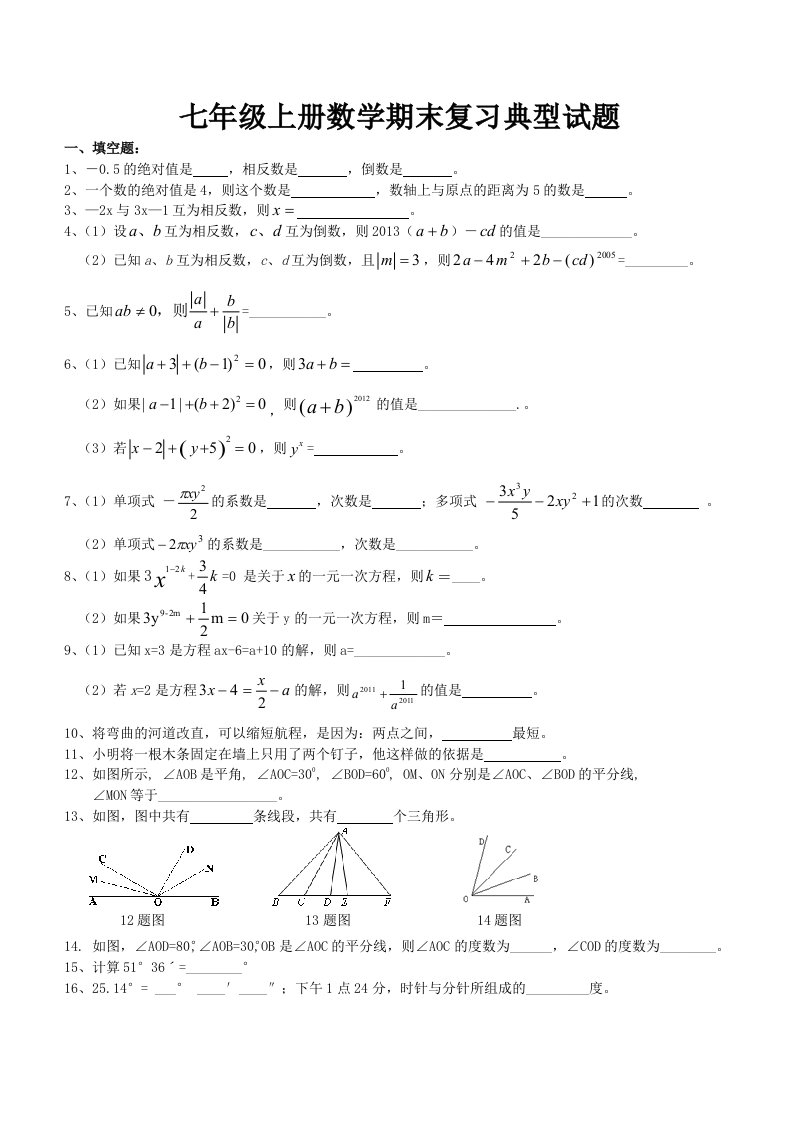 2014最新北师大数学七年级上册数学期末复习典型试题(修改版)