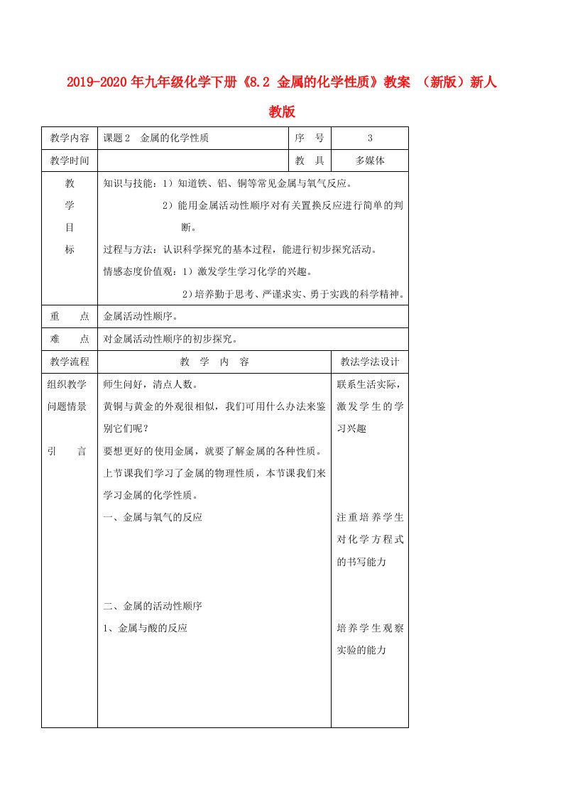 2019-2020年九年级化学下册《8.2