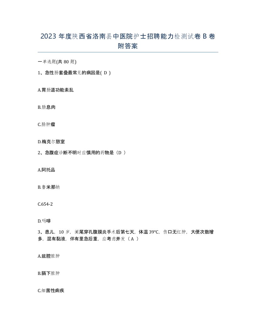 2023年度陕西省洛南县中医院护士招聘能力检测试卷B卷附答案