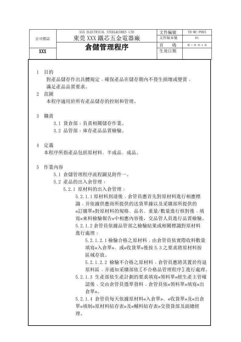 东莞五金电器厂铁芯仓储管理程序