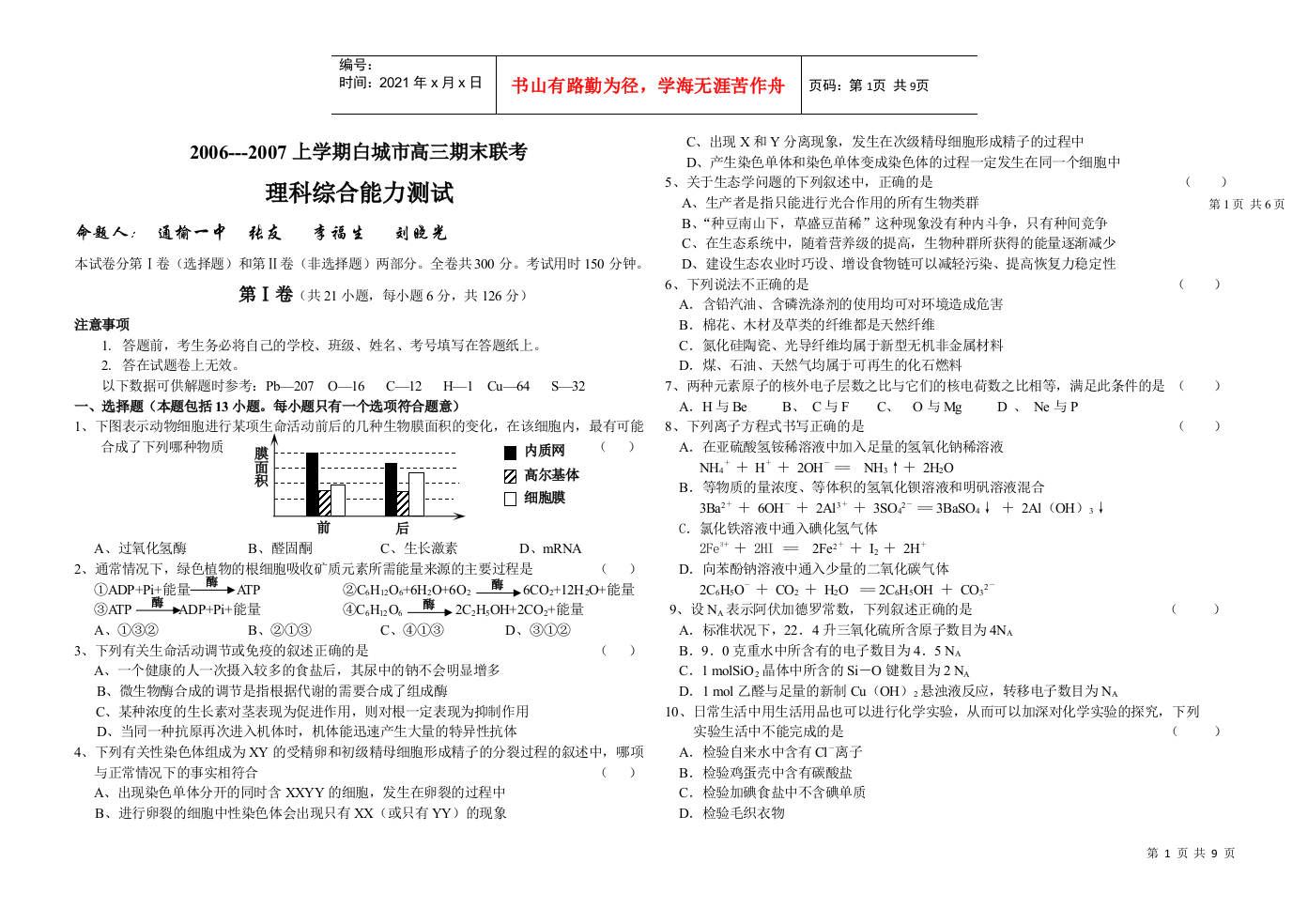 1、下图表示动物细胞进行某项生命活动前后的几种生物膜面积的变