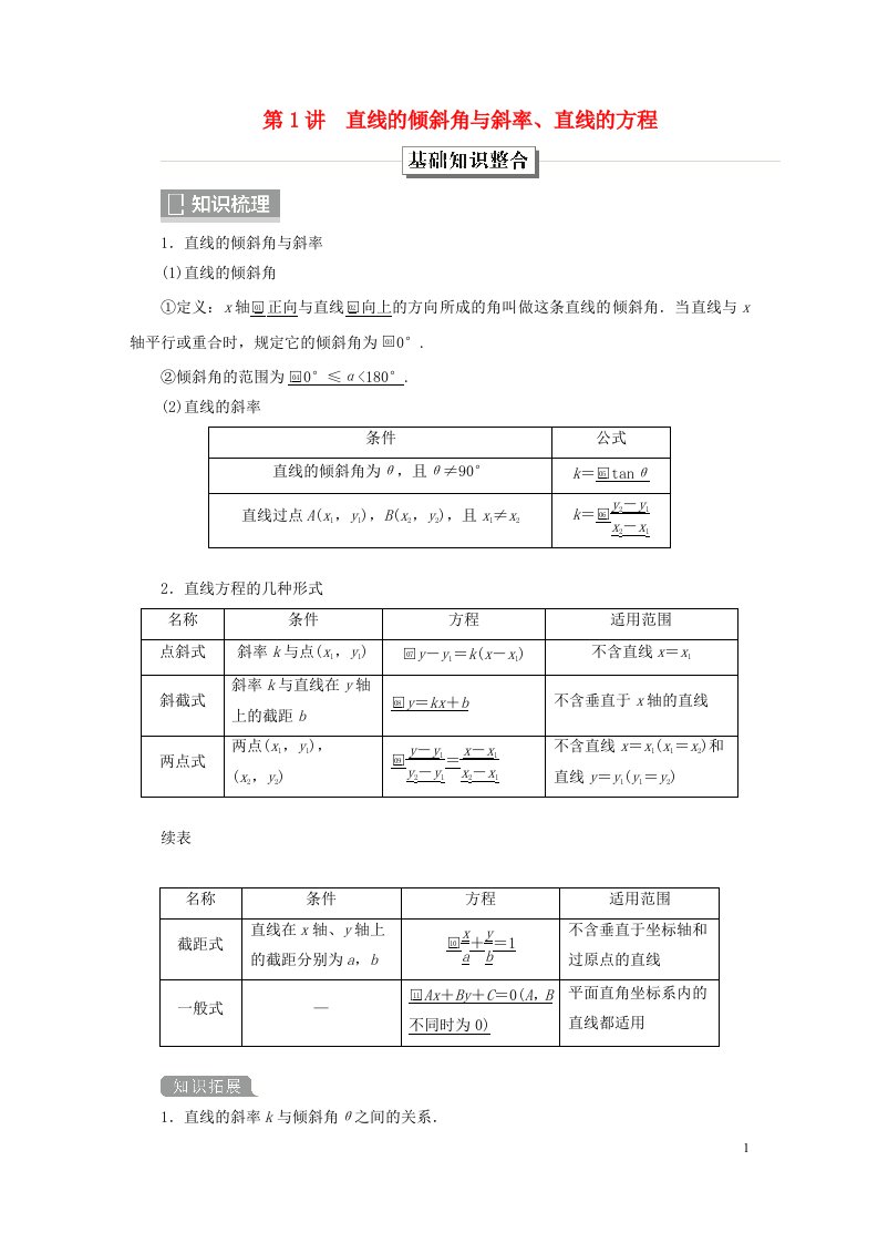 旧教材适用2023高考数学一轮总复习第九章平面解析几何第1讲直线的倾斜角与斜率直线的方程