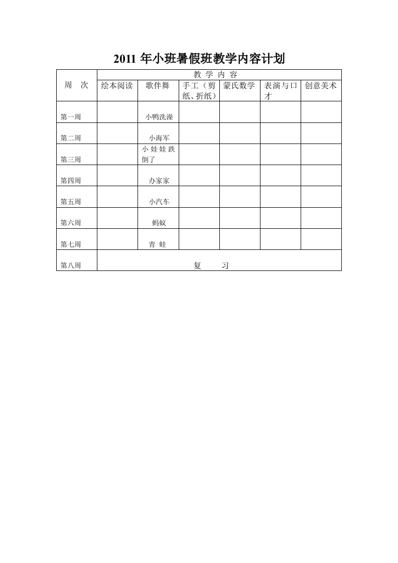 2011年小班暑假班教学内容计划