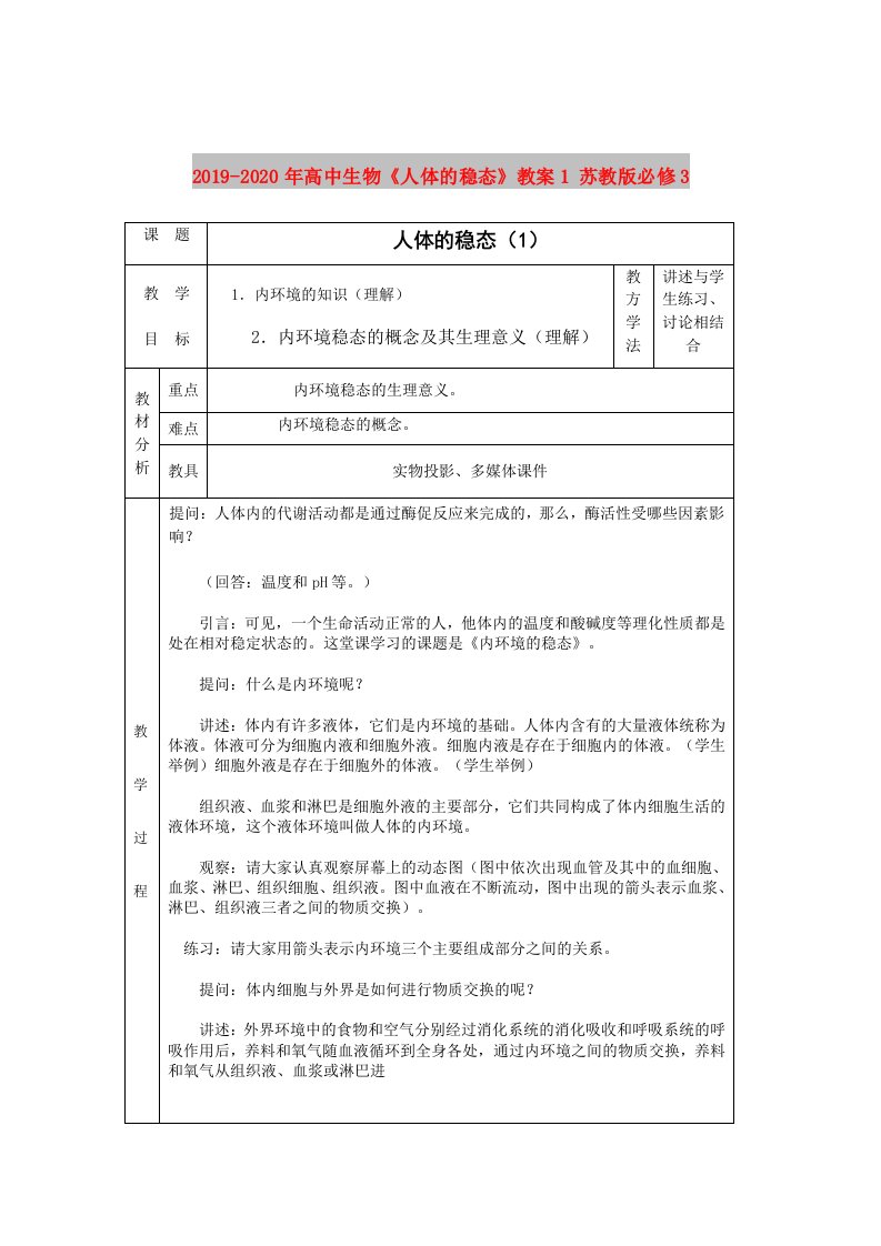 2019-2020年高中生物《人体的稳态》教案1