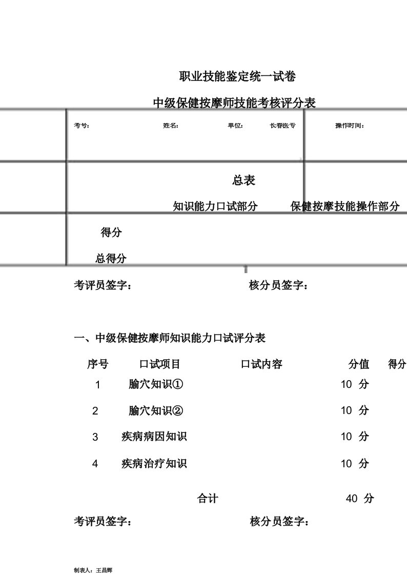 保健按摩师技能考核评分表