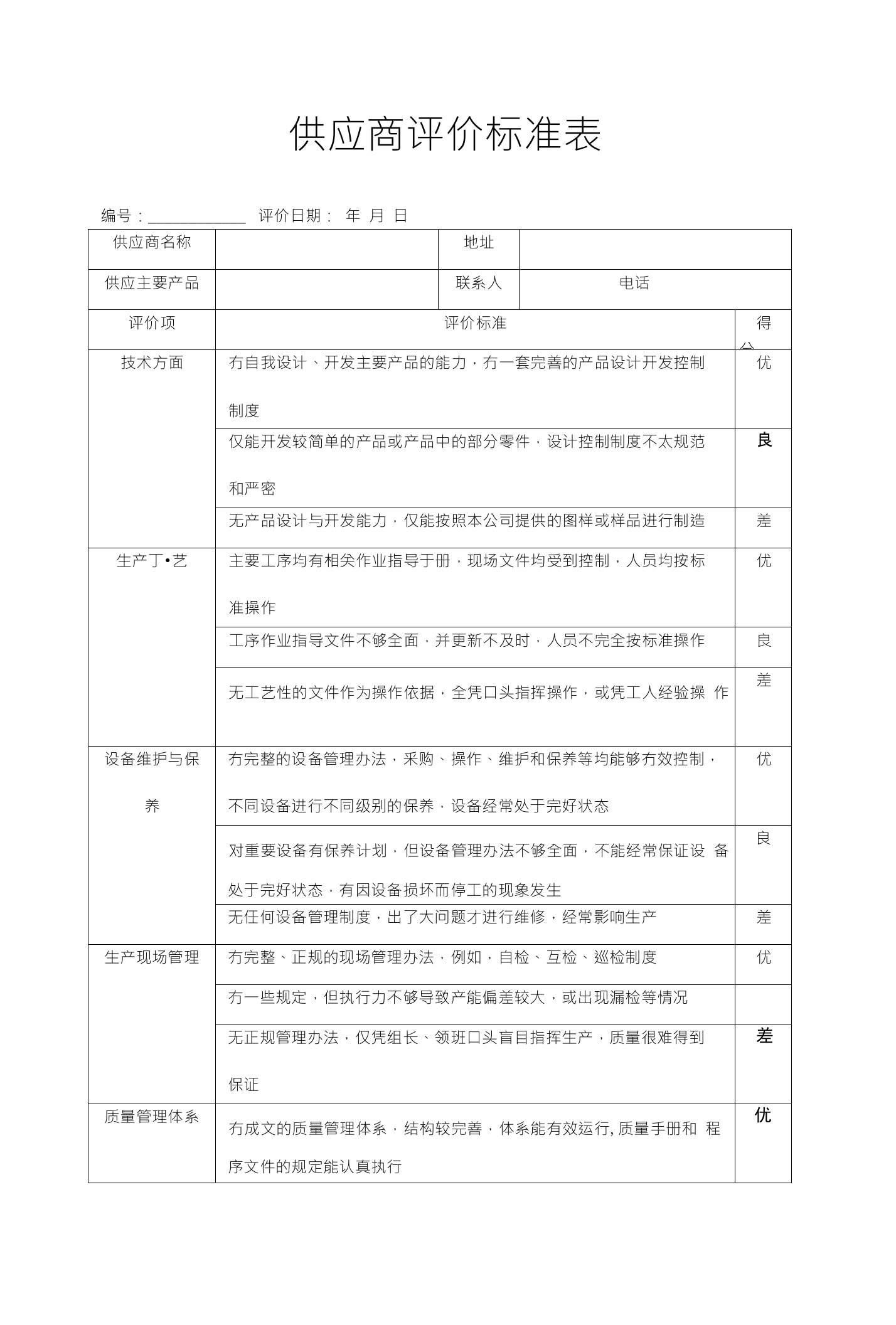 3-供应商评价标准表