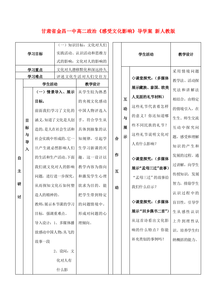 甘肃省金昌一中高二政治《感受文化影响》导学案