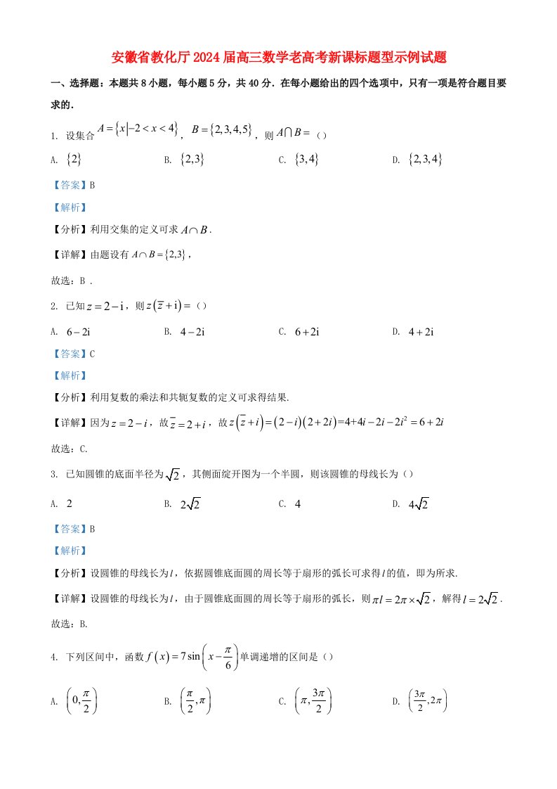 安徽省教育厅2025届高三数学老高考新课标题型示例试题含解析