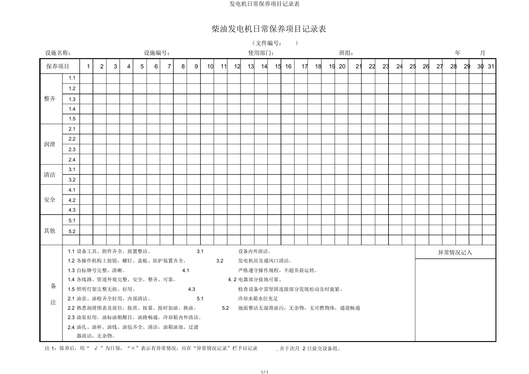 发电机日常保养项目记录表