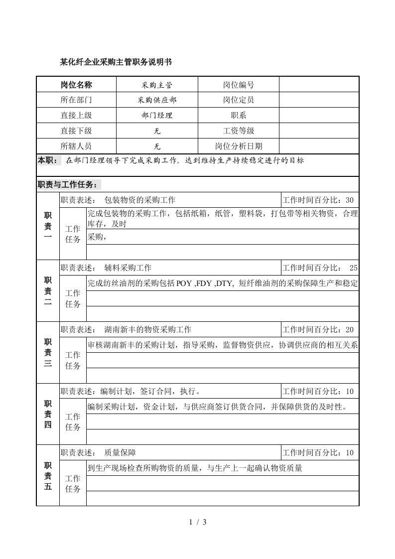 化纤企业采购主管职务说明书