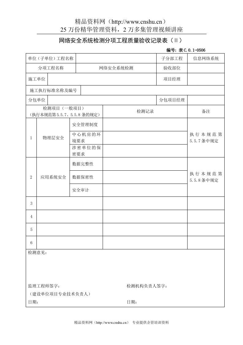 网络安全系统检测分项工程质量验收记录表（Ⅱ）