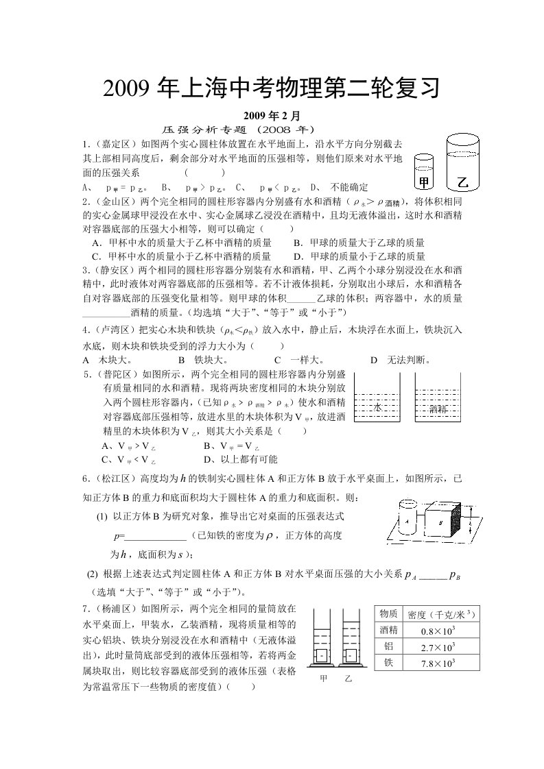 中考模拟考试压强分析专题