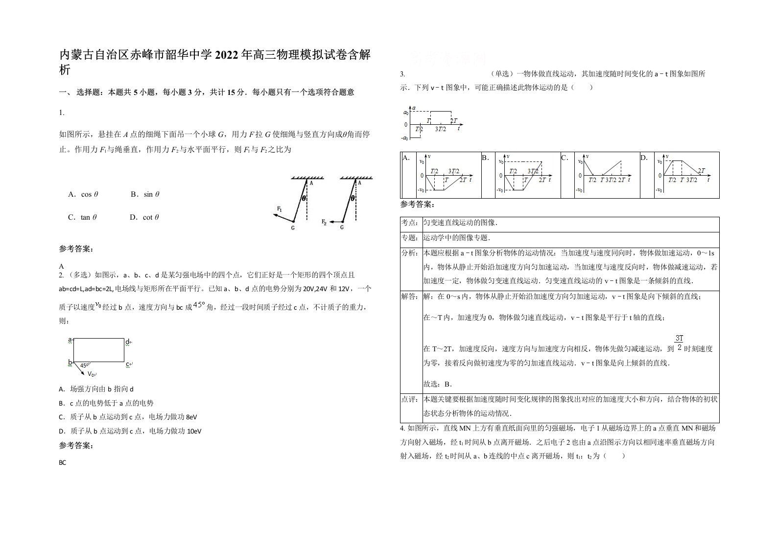 内蒙古自治区赤峰市韶华中学2022年高三物理模拟试卷含解析