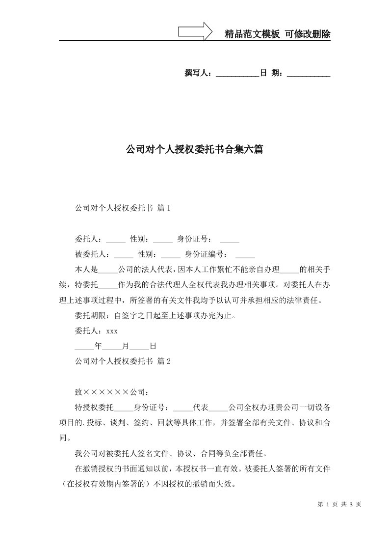 公司对个人授权委托书合集六篇