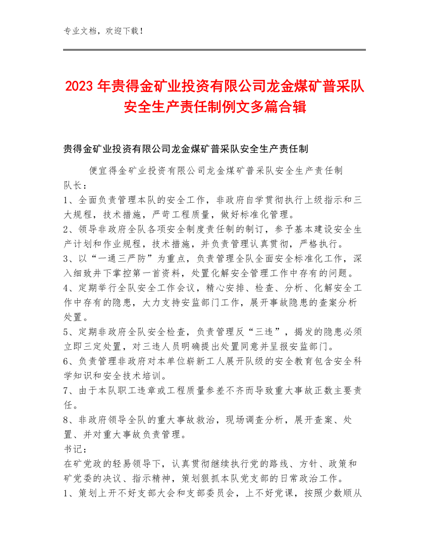 2023年贵得金矿业投资有限公司龙金煤矿普采队安全生产责任制例文多篇合辑