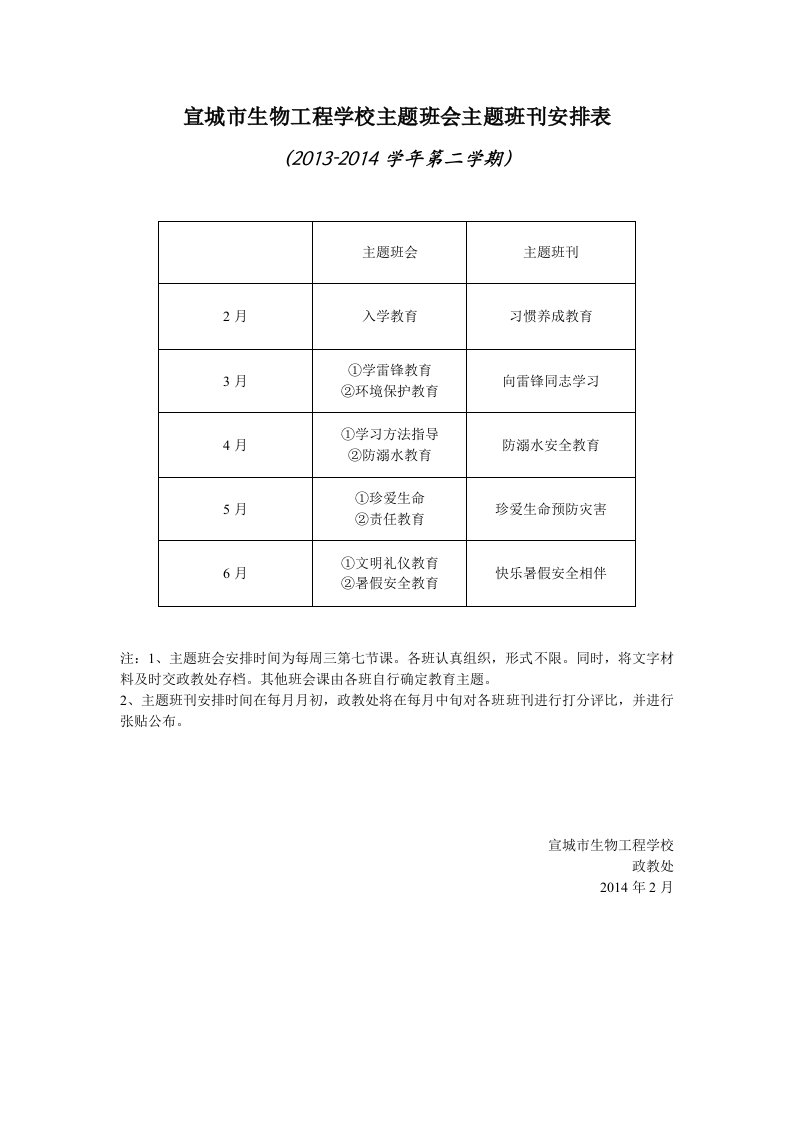 主题班会主题班刊安排表